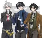 3boys :d argyle belt bespectacled black_bow black_bowtie black_coat black_eyes black_gloves black_hair black_pants black_sweater blue_eyes blue_jacket blue_scarf bow bowtie breath brown_coat brown_eyes charlemagne_(fate) coat collared_shirt constantine_xi_(fate) cowboy_shot cup disposable_cup drinking earrings facial_mark fate/grand_order fate_(series) fringe_trim glasses gloves green_vest grey_background grey_hair hair_between_eyes half_gloves hand_in_pocket highres holding holding_cup jacket james_moriarty_(ruler)_(fate) jewelry looking_at_another looking_at_viewer male_focus monocle multicolored_hair multiple_boys outside_border pants scarf shicoro16 shirt short_hair single_glove smile streaked_hair sweater teeth vest whipped_cream white_belt white_hair white_scarf white_shirt