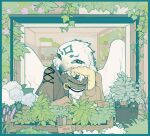 1boy bird_boy bird_wings blue_border border brown_jacket brown_scarf commentary elbow_rest feathered_wings feathers flower furry furry_male head_on_hand head_rest highres ivy jacket leaf looking_at_viewer male_focus mask open_mouth original owl_boy plant potted_plant purple_flower scarf shelf shuini_xiaomao smile solo symbol-only_commentary talons upper_body white_feathers white_flower window windowsill wings yellow_eyes