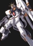  absurdres beam_rifle black_background char&#039;s_counterattack clenched_hand energy_gun fin_funnels foot_out_of_frame from_below green_eyes gundam highres insignia mecha mobile_suit no_humans nu_gundam robot safe science_fiction shield simple_background solo takahashi_masaki v-fin weapon 