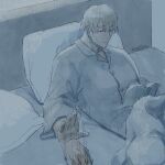 1boy bed blanket blonde_hair blue_theme book couch grey_pajamas holding holding_book indoors jujutsu_kaisen long_sleeves male_focus monochrome nanami_kento nekoyanaginekoko open_book pajamas patting pillow reading safe short_hair solo upper_body