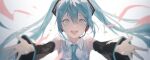 1girl :d absurdres aqua_hair aqua_necktie black_sleeves blue_eyes blurry blurry_foreground chinese_commentary collared_shirt commentary depth_of_field detached_sleeves floating_hair hair_between_eyes hair_ornament hatsune_miku headset highres long_hair looking_at_viewer mirandarin necktie open_hands open_mouth outstretched_arms safe shirt sleeveless sleeveless_shirt smile solo teeth twintails upper_body upper_teeth vocaloid white_shirt wide_sleeves