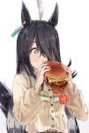 1girl ahoge amano_kokoko animal_ears bangs beef black_hair burger burger_malfunction cheese commentary ear_piercing earrings eating food gradient gradient_background hair_over_one_eye highres holding holding_food horse_ears horse_girl jewelry ketchup lettuce long_bangs long_hair manhattan_cafe_(umamusume) meat messy piercing safe shirt shirt_tucked_in single_earring solo spilling symbol-only_commentary tomato tomato_slice two-handed umamusume white_hair white_shirt yellow_eyes