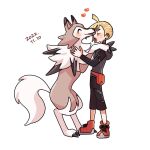 1boy affectionate ahoge bangs black_pants black_shirt blonde_hair closed_eyes commentary_request daifuku_(pokefuka_art) dated ear_piercing fanny_pack from_side gladion_(pokemon) grey_vest heart hood hooded_vest hoodie lycanroc lycanroc_(midday) male_focus pants piercing pokemon pokemon_(creature) pokemon_(game) pokemon_sm red_bag red_footwear safe shirt shoes short_hair simple_background torn_clothes torn_pants torn_shirt vest white_background