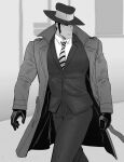 1boy arsene_lupin_iii cane chin coat collared_coat feet_out_of_frame gloves greyscale hat highres kon_likes_corn long_sideburns looking_at_another lupin_iii male_focus manly mature_male monochrome muscular muscular_male necktie open_clothes open_coat pants pectorals safe shirt sideburns simple_background solo walking