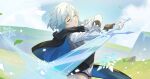 1girl artist_logo bangs blue_hair cape closed_eyes commentary darkcatowo eula_(genshin_impact) genshin_impact gloves greatsword highres holding holding_weapon long_sleeves parted_lips safe short_hair snowflakes solo two-sided_cape two-sided_fabric weapon white_gloves