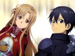 1boy 1girl absurdres artist_request asuna_(sao) black_cape black_dress black_eyes black_hair breasts brown_eyes brown_hair cape dress floating_hair highres holding holding_sword holding_weapon kirito long_hair looking_at_viewer looking_back medium_breasts official_art rapier red_cape red_skirt safe shiny shiny_hair short_hair skirt smile sword sword_art_online sword_art_online_progressive weapon
