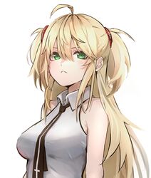 1girl admiral_hipper_(azur_lane) admiral_hipper_(muse)_(azur_lane) ahoge azur_lane bangs bare_shoulders black_necktie blonde_hair breasts closed_mouth collar collared_shirt cross gradient gradient_background green_eyes hair_between_eyes long_hair looking_at_viewer mole mole_under_eye necktie official_alternate_costume shirt sidelocks simple_background sleeveless sleeveless_shirt solo two_side_up upper_body white_background white_shirt yuedengyuhao