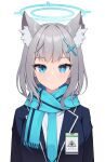  1girl absurdres animal_ear_fluff animal_ears bangs blue_archive blue_eyes blue_jacket blue_scarf closed_mouth earrings extra_ears grey_hair hair_ornament halo highres jacket jewelry looking_at_viewer medium_hair piercing safe sbbs scarf shiroko_(blue_archive) shirt simple_background solo upper_body white_background white_shirt 