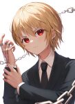 1boy bishounen black_necktie blonde_hair chain chained closed_mouth collar commentary commentary_request cuffs earrings formal handcuffs highres hunter_x_hunter jewelry kurapika long_sleeves looking_at_viewer male_focus necktie red_eyes ring safe shackles short_hair simple_background solo suit usami_(usami_l)