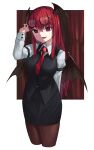 1girl :d absurdres adjusting_eyewear bat_wings breasts cropped_legs curtains fang hair_between_eyes head_wings highres koakuma long_hair long_sleeves looking_at_viewer mo_mo_kaze necktie open_mouth pantyhose red_eyes red_hair redhead safe shirt skirt smile solo sunglasses touhou vest wings 