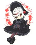  1girl angievaldezart black_dress black_gloves dress expressionless full_body glitch gloves gothic_lolita headdress lolita_fashion own_hands_clasped own_hands_together petticoat red_eyes sage_(sonic) short_hair simple_background sitting solo sonic_(series) sonic_frontiers white_background white_hair 