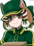 1girl animal_ear_fluff animal_ears brown_eyes brown_hair chipmunk_ears chipmunk_girl closed_mouth extra_ears hat highres hikarikmy kemono_friends kemono_friends_v_project looking_at_viewer multicolored_hair ribbon shirt short_hair siberian_chipmunk_(kemono_friends) simple_background solo virtual_youtuber white_background