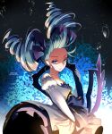 1girl artist_name bangs black_bow black_dress bow breasts chiinyan closed_mouth cowboy_shot detached_sleeves dress drill_hair floating_hair flower gloves green_hair grey_dress gwen_(league_of_legends) hair_bow hair_up highres juliet_sleeves large_bow league_of_legends long_hair long_sleeves puffy_sleeves serious solo twin_drills twintails water_drop