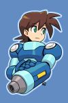 1boy 1girl arm_cannon bangs blue_background blue_outline brown_hair commentary_request full_body green_eyes hair_between_eyes highres looking_away looking_to_the_side male_focus mega_man_(series) mega_man_legends mega_man_volnutt muu_(mumumer) outline safe simple_background solo weapon