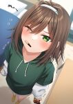 1girl ahoge arrow_(symbol) bangs blurry blurry_background blush brown_hair collarbone commentary_request depth_of_field drawstring flying_sweatdrops food food_in_mouth from_above green_eyes green_hoodie hair_between_eyes hair_intakes hairband haru_(kuzuyu) height highres holding hood hood_down hoodie indoors komori_kuzuyu layered_sleeves long_sleeves mouth_hold no_shoes one_eye_closed original pocky puffy_long_sleeves puffy_sleeves shirt short_over_long_sleeves short_sleeves socks solo standing table trembling white_hairband white_shirt yellow_socks