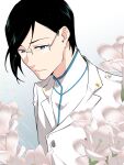 1boy black_hair bleach blue_eyes closed_mouth commentary_request flower glasses gradient gradient_background grey-framed_eyewear grey_background highres il_(il_suffered) ishida_uryuu jacket looking_at_viewer male_focus safe semi-rimless_eyewear shirt solo upper_body white_background white_flower white_jacket white_shirt