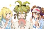 +_+ 1boy 3girls :d :o alternate_hairstyle bangs blonde_hair blush brown_hair clenched_hands collared_shirt commentary_request green_eyes hand_up hands_up hat holding holding_mirror lillie_(pokemon) long_hair marnie_(pokemon) mirror morpeko morpeko_(full) multiple_girls n_(pokemon) notice_lines open_mouth pokemon pokemon_(creature) pokemon_(game) pokemon_bw2 pokemon_sm pokemon_swsh ponytail raglan_sleeves rosa_(pokemon) safe shirt short_hair short_sleeves simple_background smile somnia sparkle star_(symbol) visor_cap white_background white_shirt