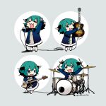 1girl animal_ears black_dress blush chibi d dog_ears dog_tail dress drum drumsticks electric_guitar fang gradient gradient_background green_eyes green_hair guitar hair_between_eyes holding holding_instrument holding_microphone instrument kanitama_(putyourhead) kasodani_kyouko long_sleeves microphone microphone_stand multiple_views music open_mouth playing_instrument safe short_hair smile tail third-party_source touhou twitter_username