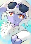 1girl :3 absol animal_hands bangs black-framed_eyewear blue_background body_fur bright_pupils claws closed_mouth colored_skin commentary_request eyewear_on_head fur_collar furry furry_female goggles goggles_on_head grey_horns grey_skin hand_up happy highres horns hot looking_at_viewer orange_eyes partial_commentary pokemon pokemon_(creature) portrait samenoha_(salmon_no_kaori) short_hair sidelocks simple_background single_horn sketch smile solo sunglasses sweat white_hair white_pupils