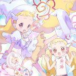 blonde_hair blush boots brown_eyes dress earrings frills gloves hair_bobbles hair_ornament hand_mirror hano_luno hat highres jewelry long_hair looking_at_viewer magical_girl makihatayama_hana mirror ojamajo_doremi open_mouth short_hair smile twintails white_dress witch_hat