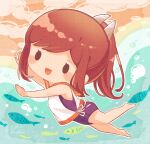 1girl bangs barefoot blue_one-piece_swimsuit blush brown_hair bubble chibi fish highres i-401_(kancolle) i-401_(kantai_collection) kantai_collection long_hair nada_namie one-piece_swimsuit open_mouth orange_sailor_collar ponytail sailor_collar sand school_swimsuit sidelocks signature sleeveless smile solo swimming swimsuit swimsuit_under_clothes underwater water