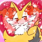 animal_ear_fluff arms_behind_back artist_request bad_link blush braixen embarrassed flower full-face_blush hair_flower hair_ornament highres looking_at_viewer no_humans parted_lips pokemon pokemon_(creature) red_eyes safe solo