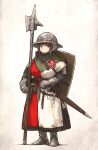  1girl armor belt boots brown_hair chainmail full_body gambeson gauntlets gloves greaves halberd helmet highres holding holding_weapon kettle_helm medieval military original polearm safe scabbard sheath shield solo standing sword vanishlily weapon 
