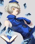  1girl bangs bare_shoulders blue_dress blue_gloves blue_headwear book breasts cowboy_shot cut_bangs dress elizabeth_(persona) from_below gloves hand_on_own_chest hat highres holding holding_book looking_at_viewer parted_lips persona persona_3 s-m-53413 short_hair small_breasts solo tarot yellow_eyes 