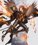 1boy 1girl akakokko_(niro_azarashi) armor bird_wings birdmen burning character_name closed_mouth english_text feathered_wings fire flag gauntlets gloves gradient holding holding_flag holding_sword holding_weapon orange_hair robin_howard short_hair solo sword weapon wings