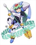 1girl android armor full_body gloves green_hair headgear helmet highres holding holding_weapon long_hair looking_at_viewer mateus_upd mega_man_(series) mega_man_zx pandora_(mega_man) polearm red_eyes robot safe solo spear twintails weapon white_gloves
