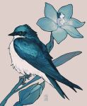 animal animal_focus artist_name beak bird blue_bird blue_eyes blue_feathers blue_flower feathers flower from_side full_body gradient gradient_background grey_background highres leaf no_humans original pokemon_(creature) profile shuini_xiaomao signature simple_background solo swallow_(bird) talons white_feathers