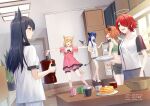  4girls 5girls :d animal_ears apron arknights black_hair blonde_hair blue_eyes blue_hair blue_tongue bowl brown_eyes casual ceiling_light chinese_commentary closed_eyes closed_mouth coffee_pot colored_tongue commentary cow_horns croissant_(arknights) croissant_(food_fantasy) crop_top cup cupboard d demon_horns demon_tail detached_wings dress exusiai_(arknights) food frilled_dress frills gogatsu_fukuin green_shirt grey_shorts hair_over_one_eye halo holding holding_plate horns indoors lofter_username long_hair looking_at_another mostima_(arknights) mug multiple_girls open_mouth orange_hair outstretched_arms penguin_logistics_(arknights) pink_bloomers pink_dress plant plate plate_stack ponytail potted_plant red_hair redhead refrigerator safe shirt short_hair short_sleeves shorts smile table tail teeth texas_(arknights) twitter_username upper_teeth weibo_username white_shirt window wings wolf_ears wolf_tail 