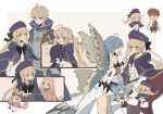 2boys 4girls absurdres ahoge armor arthur_pendragon_(fate) artoria_caster_(fate) artoria_caster_(second_ascension)_(fate) artoria_pendragon_(fate) bare_legs bare_shoulders belt beret black_bow black_footwear black_gloves black_pantyhose blonde_hair blue_belt blue_hair blue_headwear blue_jacket blush boots bow brown_hair brown_pants buttons cape cloak closed_eyes closed_mouth collar dress emiya_shirou fate/grand_order fate/prototype fate_(series) gem gloves green_eyes green_gemstone habetrot_(fate) hair_bow hat highres jacket long_dress long_hair long_sleeves multicolored_wings multiple_boys multiple_girls note_nii open_mouth orange_eyes ornament pants pantyhose pink_eyes pink_headwear pink_sweater purple_bow red_gemstone senji_muramasa_(fate) shirt short_hair skirt smile sweater twintails very_long_hair white_background white_cape white_dress white_pants white_shirt white_skirt wings