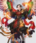 1boy akakokko_(niro_azarashi) armor birdmen black_footwear black_hair burning character_name chinese_armor chinese_clothes closed_mouth english_text feathered_wings fire looking_at_viewer male_focus peacock_feathers red_eyes short_hair smile solo wang_guang_feng wings