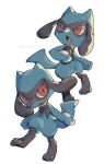 fang full_body gradient gradient_background looking_at_viewer multiple_views no_humans open_mouth pokemon pokemon_(creature) red_eyes riolu safe simple_background smile tail tako2_eaka tongue watermark white_background