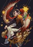 1boy akakokko_(niro_azarashi) birdmen black_footwear black_hair chinese_clothes closed_mouth crossed_legs feathered_wings feathers long_sleeves looking_at_viewer pants red_eyes short_hair sitting smile solo star_(symbol) wang_guang_feng white_pants wings