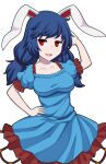 1girl animal_ears blue_dress blue_hair breasts bunny_ears dress hand_on_hip highres long_hair looking_at_viewer open_mouth puffy_short_sleeves puffy_sleeves rabbit_ears red_dress red_eyes safe seiran_(touhou) short_sleeves smile solo touhou twintails two-tone_dress watafu white_background