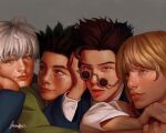 4boys androgynous black_hair blonde_hair blue_eyes brown_hair child closed_mouth commentary english_commentary formal freckles glasses gon_freecss grey_background hunter_x_hunter killua_zoldyck kurapika laurarts_23 leorio_paladiknight long_sleeves looking_at_another looking_at_viewer male_child male_focus multiple_boys safe short_hair signature simple_background smile suit sunglasses white_hair