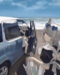 2girls animal_ears apron bag beach black_footwear blue_eyes car cat_ears dress eyewear_on_head frills grey_hair ground_vehicle highres looking_at_viewer maid maid_headdress motor_vehicle multiple_girls ocean original plastic_bag puffy_sleeves sand short_hair sky sunglasses zumochi