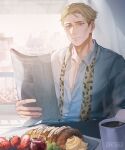 1boy animal_print balcony blonde_hair blue_shirt cityscape coffee coffee_mug collared_shirt cup food fruit highres holding holding_newspaper jam jujutsu_kaisen leopard_print long_sleeves male_focus mug nanami_kento necktie newspaper oretsuu plant safe shirt short_hair sitting solo undone_necktie yellow_necktie