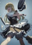  1girl absurdres apron blonde_hair bloomers broom hat hat_removed headwear_removed highres kirisame_marisa long_hair nyaabun open_mouth safe short_sleeves skirt solo stretching touhou two-tone_dress underwear white_bloomers witch_hat yellow_eyes 