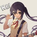 1girl absurdres azusaec bangs birthday black_hair brown_eyes collared_shirt fang gradient gradient_background guitar hair_between_eyes hand_up happy_birthday highres holding holding_instrument instrument k-on! long_hair nakano_azusa neck_ribbon open_mouth red_ribbon ribbon safe sakuragaoka_high_school_uniform school_uniform shirt short_sleeves sidelocks smile solo sweater_vest twintails upper_body white_shirt yellow_sweater_vest