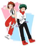 1boy 1girl amamiya_ren amamiya_ren_(cosplay) artist_request blush boku_no_hero_academia brown_hair commission cosplay crossover highres midoriya_izuku midriff navel one_eye_closed pants persona persona_4:_dancing_all_night persona_5 red_pants safe shirt shoes short_hair smile sneakers star_(symbol) tagme takamaki_anne takamaki_anne_(cosplay) uraraka_ochako white_shirt