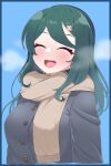1girl :d blush breasts brown_scarf closed_eyes clover_hair_ornament coat day facing_viewer green_hair grey_coat hair_ornament hairclip highres large_breasts long_hair open_mouth outdoors safe scarf smile solo sumi_suya sunaonakapipara upper_body