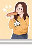 1girl 49s-aragon absurdres bangs black-framed_eyewear black_pants blush brown_eyes brown_hair food freckles glasses highres holding holding_food hot_dog licking_lips long_hair long_sleeves original pants parted_bangs safe solo sweater tongue tongue_out yellow_sweater