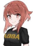 1girl alternate_costume black_shirt breasts brown_eyes clothes_writing collarbone fire_emblem fire_emblem_fates gradient gradient_background looking_at_viewer print_shirt sakura_(fire_emblem) shirt short_hair_with_long_locks small_breasts smile solo t-shirt thigh_high_tavi upper_body white_background