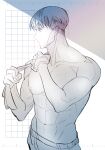 1boy abs commentary_request highres holding jujutsu_kaisen kimsatgat korean_commentary large_pectorals male_focus monochrome muscle muscular muscular_male nanami_kento pectorals short_hair solo standing sweat topless_male upper_body