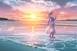 1girl akakokko_(niro_azarashi) beach birdmen blonde_hair cloud clouds cloudy_sky dress flower holding holding_flower long_hair looking_at_viewer ocean rose rose_(birdmen) sky smile solo sunset walking water white_dress white_flower white_rose