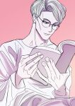 1boy book expressionless glasses gradient gradient_background highres holding holding_book jujutsu_kaisen kimsatgat long_sleeves male_focus nanami_kento open_book pink_background reading safe shirt short_hair solo upper_body