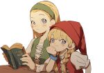 2girls bangs blonde_hair book braid closed_mouth d.y.x. dragon_quest dragon_quest_xi dress green_hairband hair_pulled_back hairband hat holding holding_book long_hair long_sleeves looking_at_viewer multiple_girls open_book red_headwear senya_(dq11) short_sleeves simple_background twin_braids twintails upper_body veronica_(dq11) violet_eyes white_background